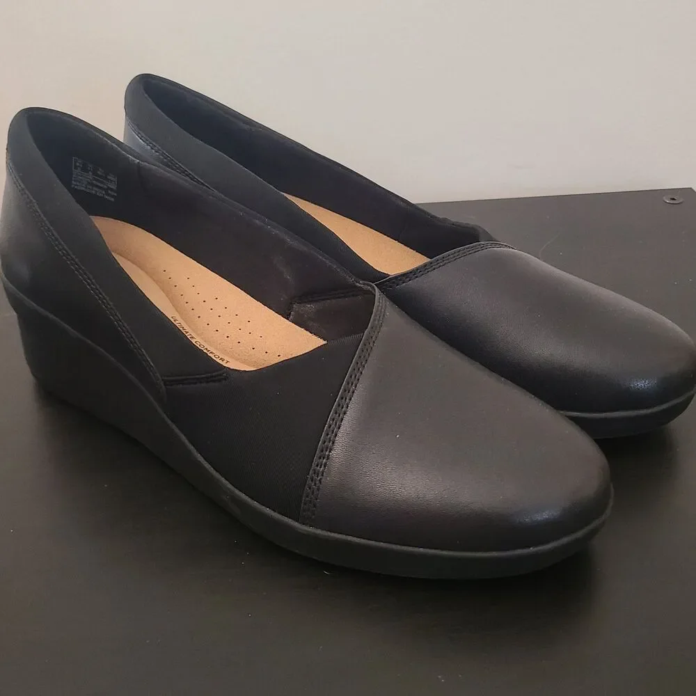 Clarks Women's Suttyn Walk Leather Wedges Black Leather Sz 11 New Nwob $100Msrp